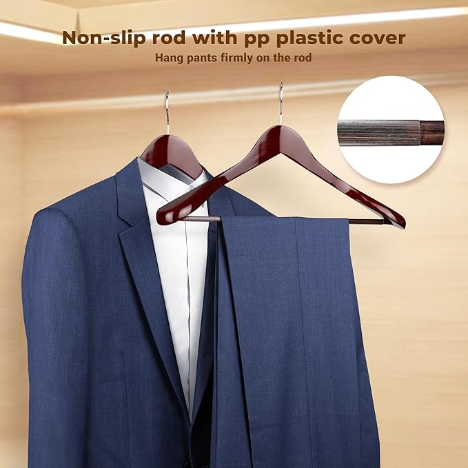 Coat Hanger 8-Pack, MEQUTION Wood Hangers Trouser Hangers Extra Wide Shoulder Wooden Hangers for Heavy Coat, Sweater, Skirt, Suit, Pants, Retro Finish (Cherry)