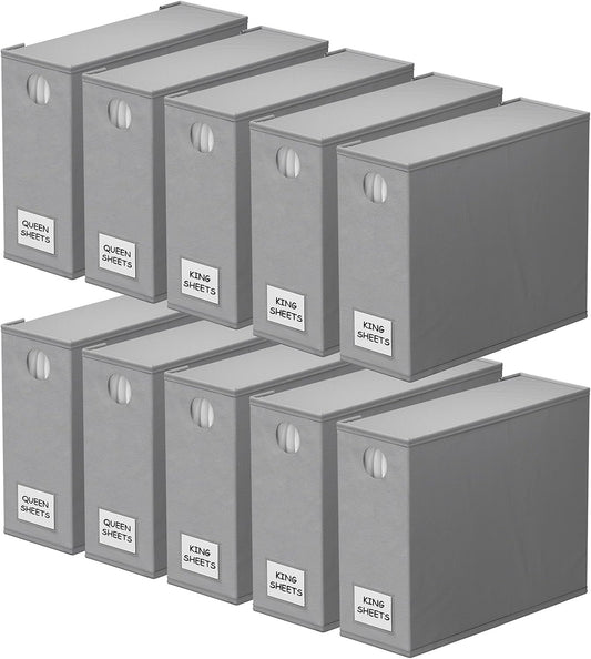 SpaceAid 10 Pack Bed Sheet Organizers and Storage, Foldable Sheet Organizer for Linen Closet, Sheets Set Folder Keeper with Window XL (Queen & King Size) Organizing Bedding Container, Gray