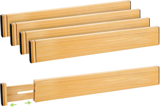 Drawer Divider, Adjustable Bamboo Kitchen Drawer Organizer, Spring Loaded Drawer Organizer, Dresser Separators for Kitchen, Bathroom, Clothes, Office Desk Storage (Natural, 4 Pack Large)