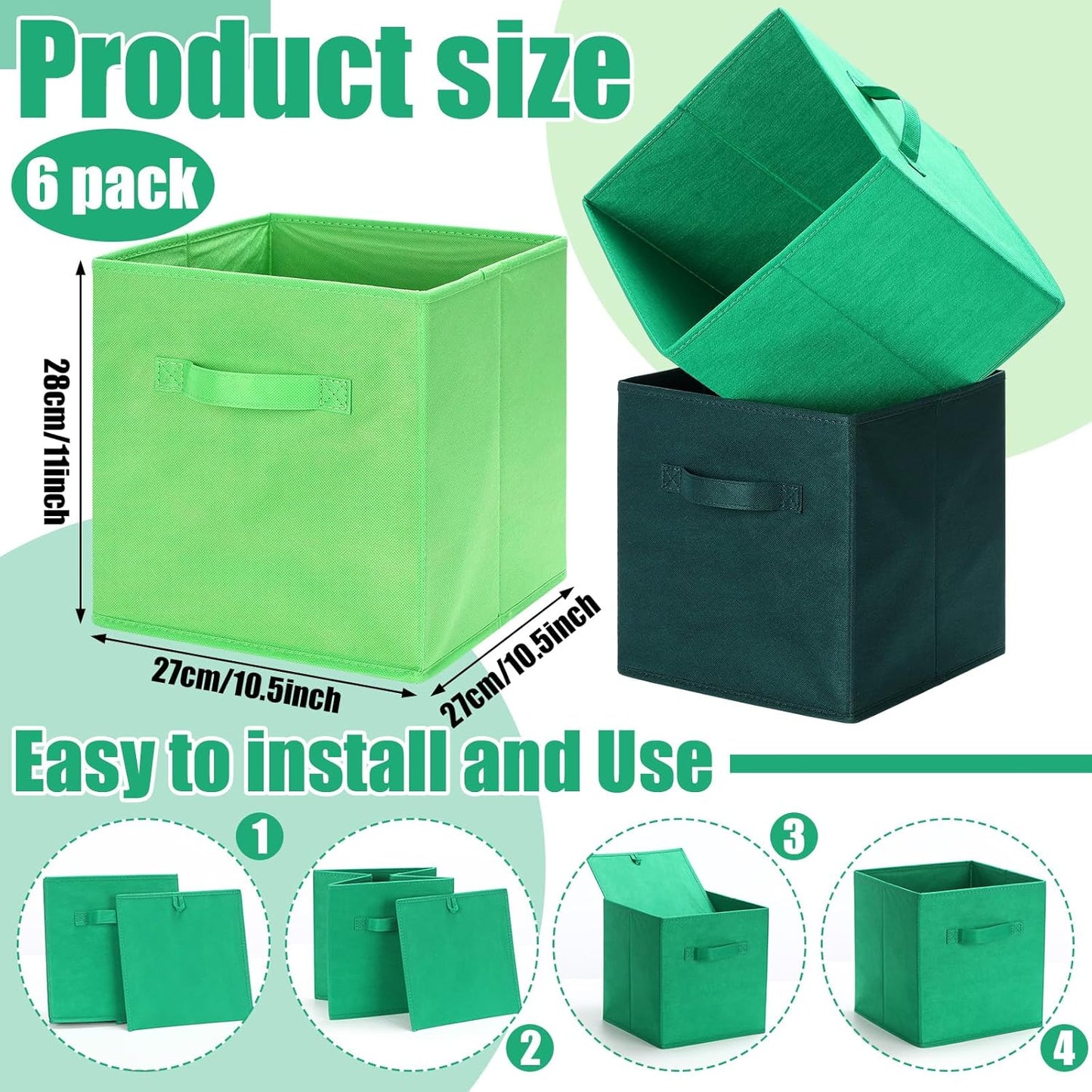 Karenhi 11" x 10. 5" x 10. 5" Green Storage Cube, 6 Pack Fabric Cube Storage Bins Organizer Box, Collapsible Baskets with Handles Foldable Shelf for Cloth Toys Home Room Closet, Pack of 6