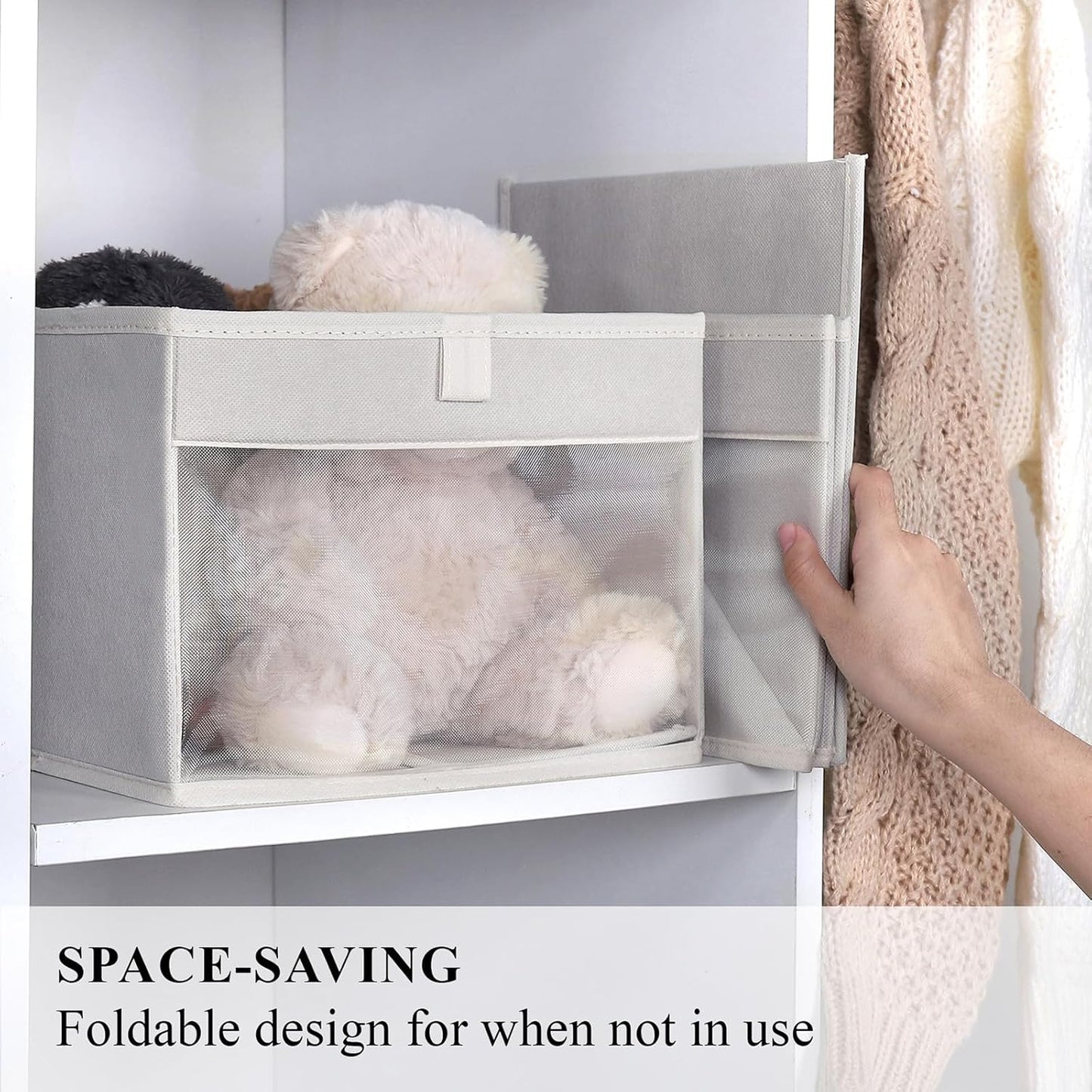 WUIKE 3 Pack Medium Storage Bins with Clear Window, Fabric Storage Bins for Home and Closet Organization, Beige