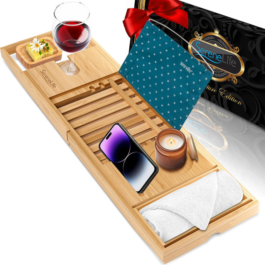 SereneLife Bathtub Tray - Expandable Bath Tray for Tub, Adjustable Bamboo Caddy with with Non-Slip Handles, Device Holder and Wine Glass Slot for Bathing Luxury (Standard, Soft Back, Gift Set)