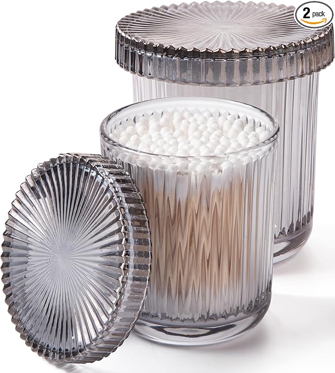 2 Pack Glass Qtip Holder Dispenser Set - Bathroom Organizer for Cotton Swabs, Balls, Pads, Floss Picks - Clear Apothecary Jars for Vanity, Makeup Storage, Bathroom Accessories Decor (Gray&Black)