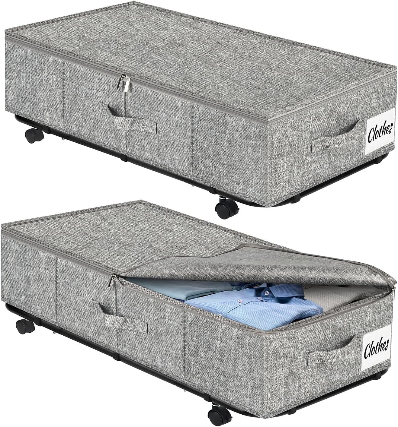 Large Sturdy Under Bed Storage with Wheels, 2 Pack 50L Rolling Underbed Storage Bins, Under Bed Containers Drawer with Metal Bottom Support, Bedroom Organizer with Lids for Clothes, Shoes, Blankets