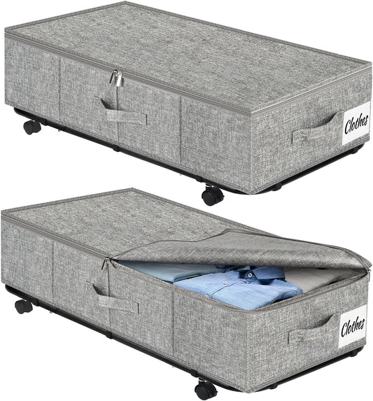 Large Sturdy Under Bed Storage with Wheels, 2 Pack 50L Rolling Underbed Storage Bins, Under Bed Containers Drawer with Metal Bottom Support, Bedroom Organizer with Lids for Clothes, Shoes, Blankets