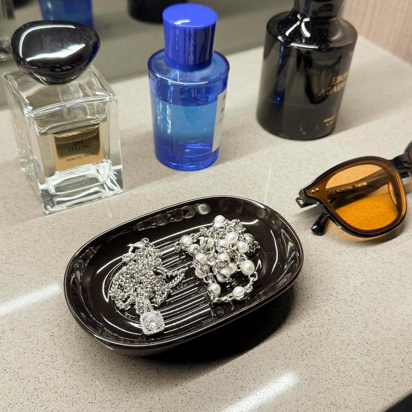 Soap Dish, Ceramic Soap Dish with Marble PatternShower, Soap Saver Tray for Bathroom, Kitchen Sink & Vanity, Multi-Use Holder for Jewelry, Rings, Keys (1 Pack, Black)