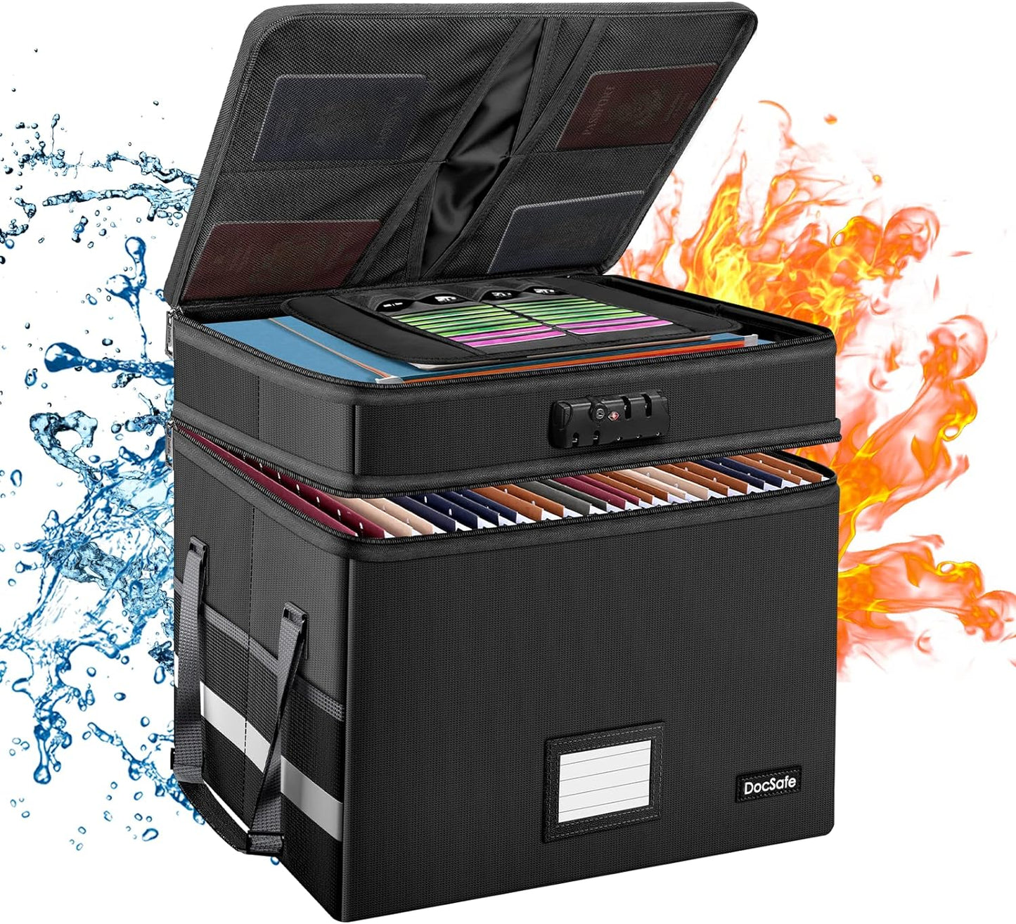 DocSafe File Box with Lock,Multi-Layer Fireproof Document Box Collapsible File Storage Organizer with Pockets/Handle,Large Portable Home Office Filing Safe for Hanging Letter/Legal Size Folders,Black