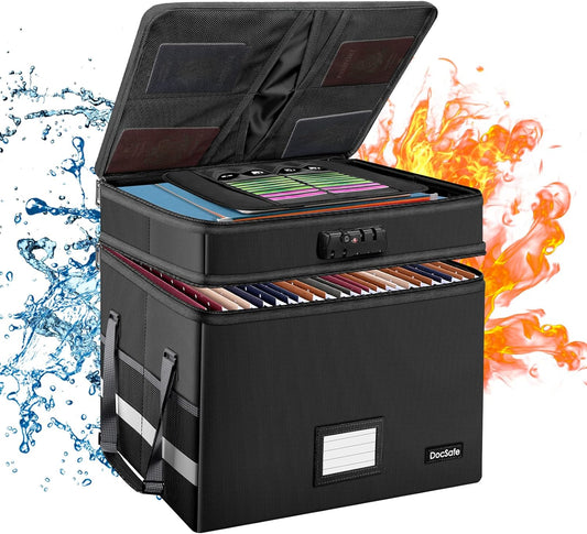 DocSafe File Box with Lock,Multi-Layer Fireproof Document Box Collapsible File Storage Organizer with Pockets/Handle,Large Portable Home Office Filing Safe for Hanging Letter/Legal Size Folders,Black