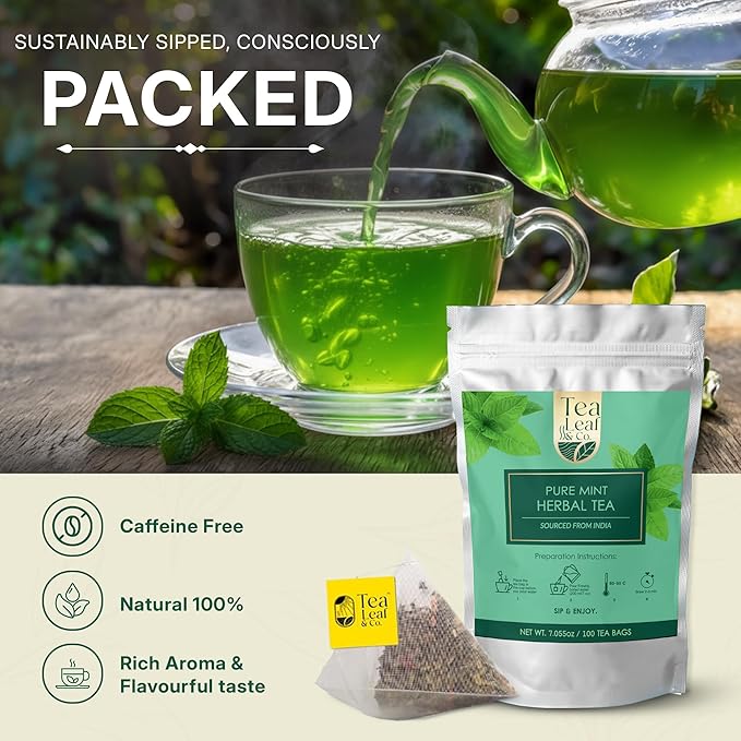 Tealeaf & Co. Pure Mint Herbal Tea Bags Blended with Fresh Herbs - Spearmint & Peppermint Tea - Contains Low Caffeine - Gluten Free - 100 Teabags (7.055oz/200gm)