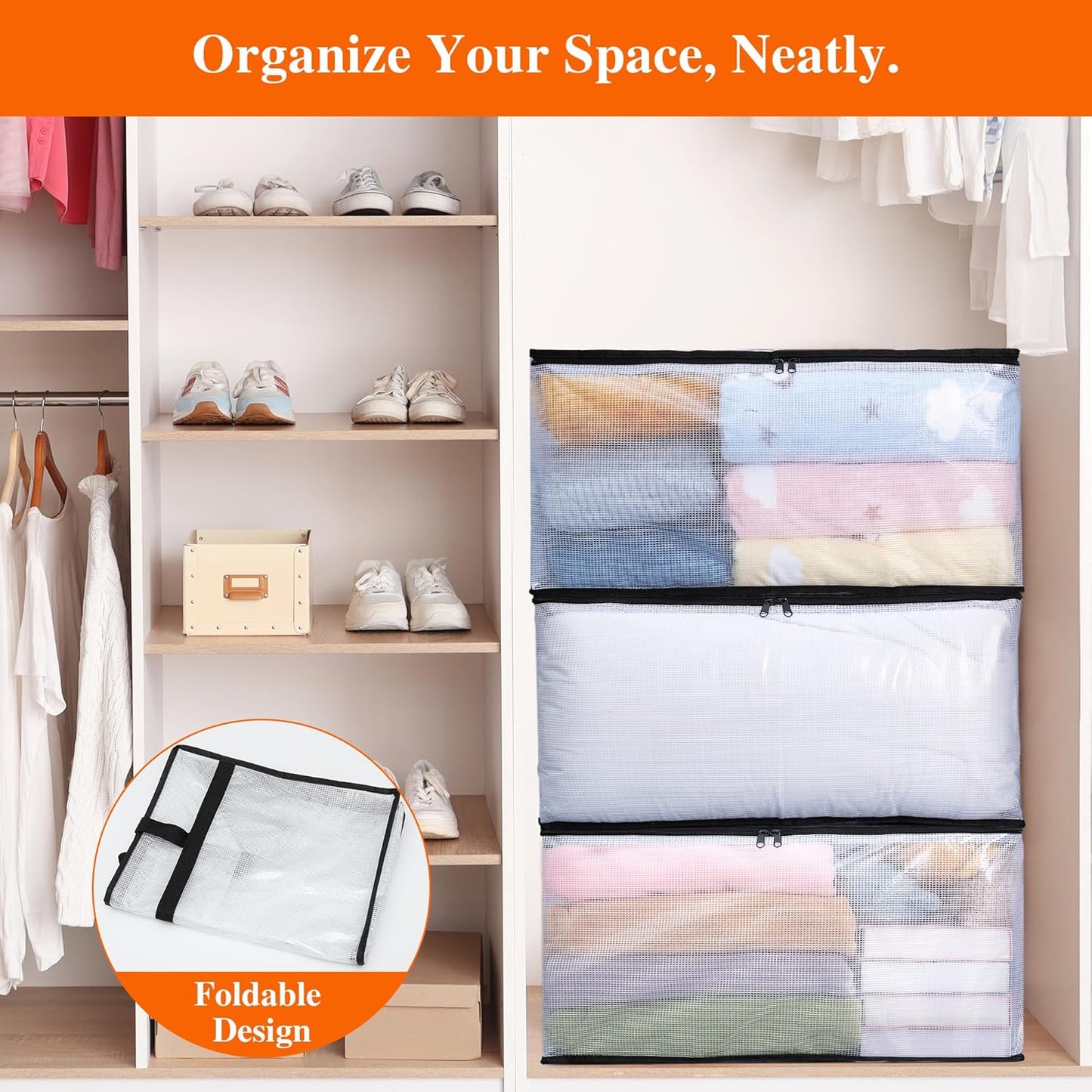 Vieshful 3 Pack 60L Clear Clothes Storage Bags with Zipper and Handles, Large Plastic Organizers for Comforter Clothes Bedding Blankets Duvets Pillow Toys & Moving