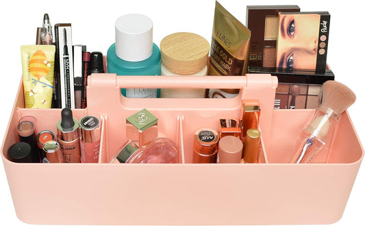 New Plastic Portable Makeup Organizer Caddy Tote Divided Basket Bin with Handle, for Bathroom Storage Made In USA (Indie Pink)