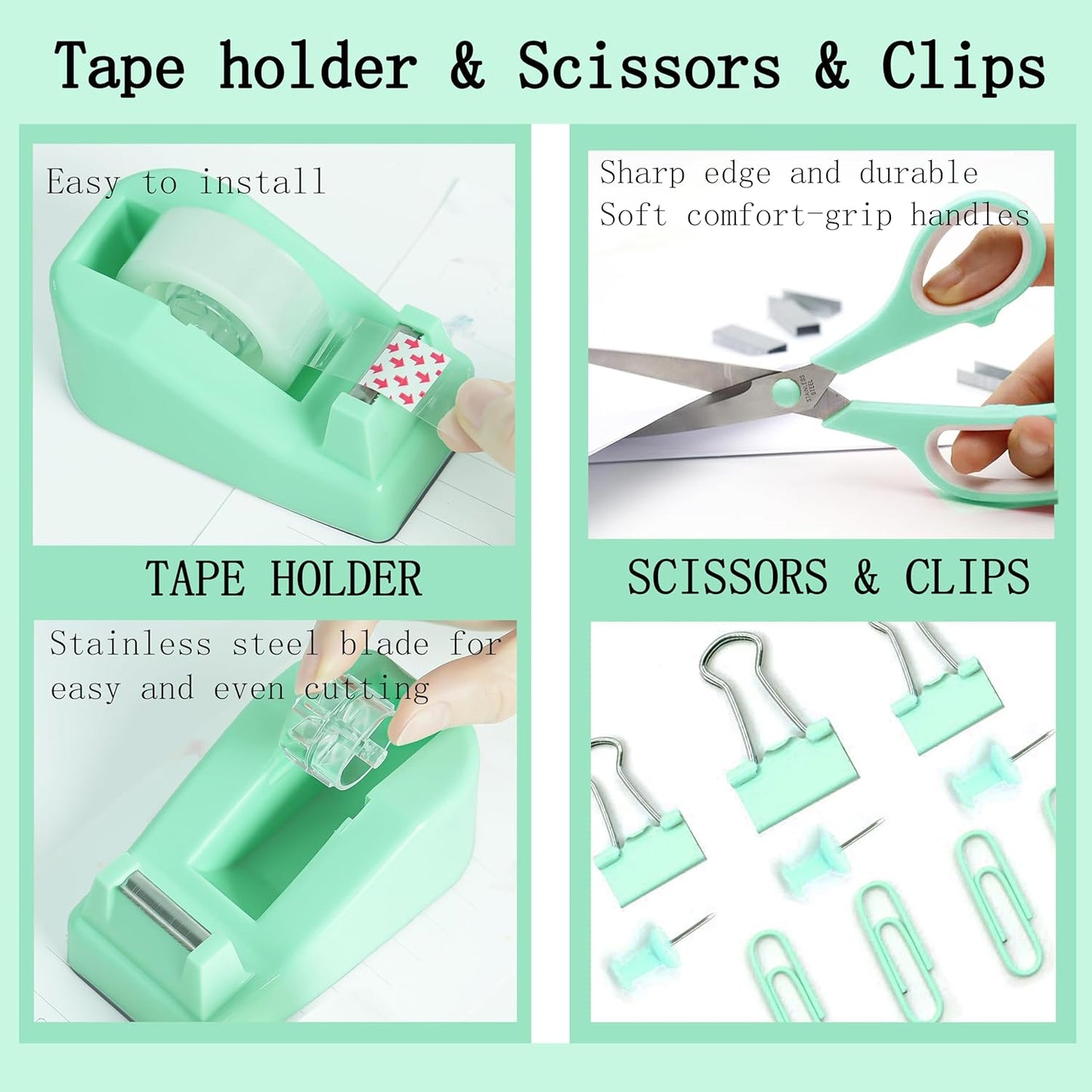 Green Office Supplies, Teal Desk Accessories 360°Pen Holder Desk Organizers and Accessories with Tape Dispenser, Stapler, Staple Remover, 1000 Staples, Tape, Clips Set, Ruler, Scissor, Pen