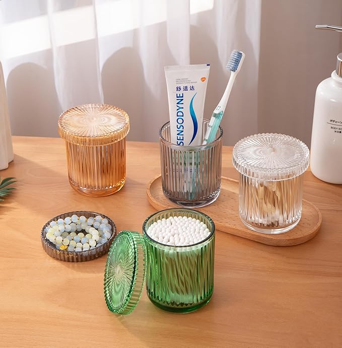 2 Pack Glass Qtip Holder Dispenser Set - Bathroom Organizer for Cotton Swabs, Balls, Pads, Floss Picks - Clear Apothecary Jars for Vanity, Makeup Storage, Bathroom Accessories Decor (Clear)