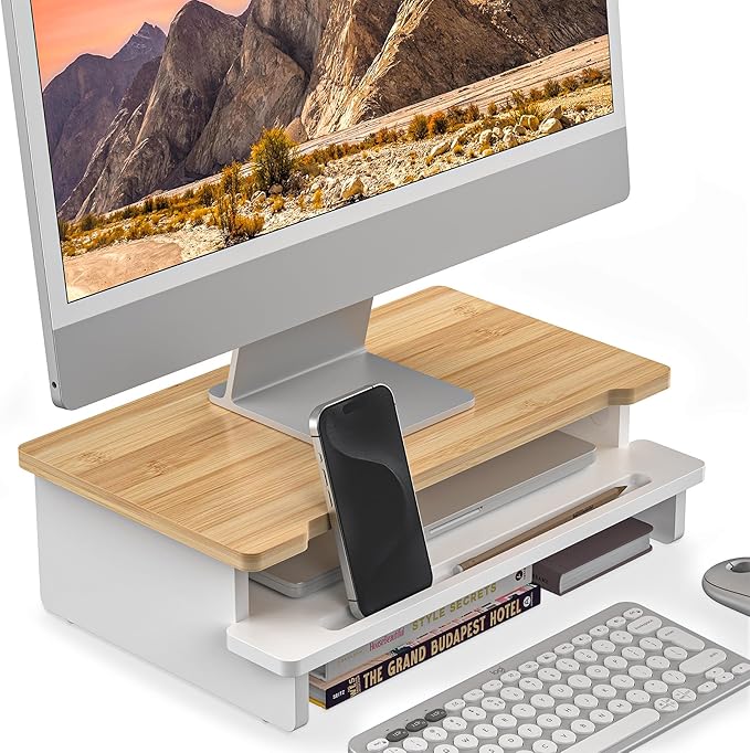 Monitor Stand Monitor Stand Riser for Desk,Wood Desk Shelf Storage Organizer with Phone Tablet Holder (16.5 Inch, White & Natural Bamboo)