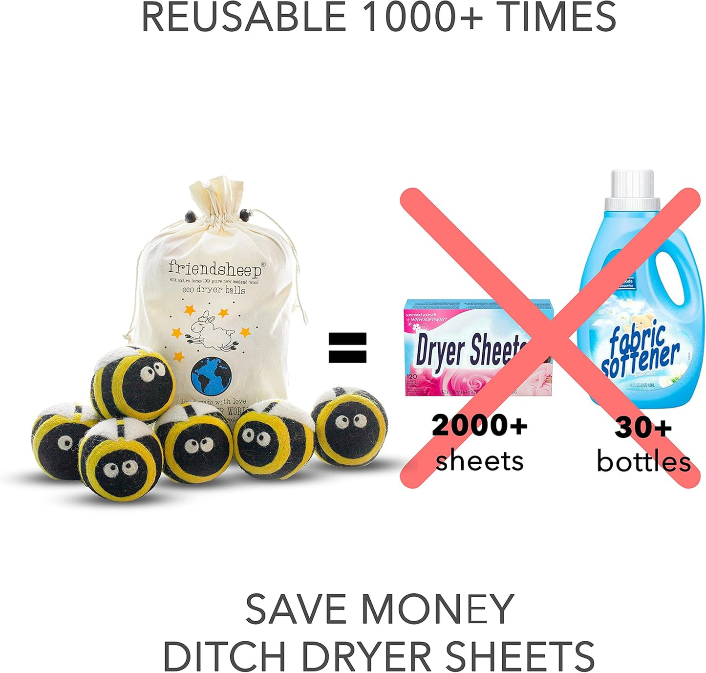 Friendsheep Wool Dryer Balls, Organic Reusable Fabric Softener Alternative for Laundry, Handmade, Fair Trade, Hypoallergenic, Eco-Friendly, Plastic-Free (6 Pack XL – Busy Bees)