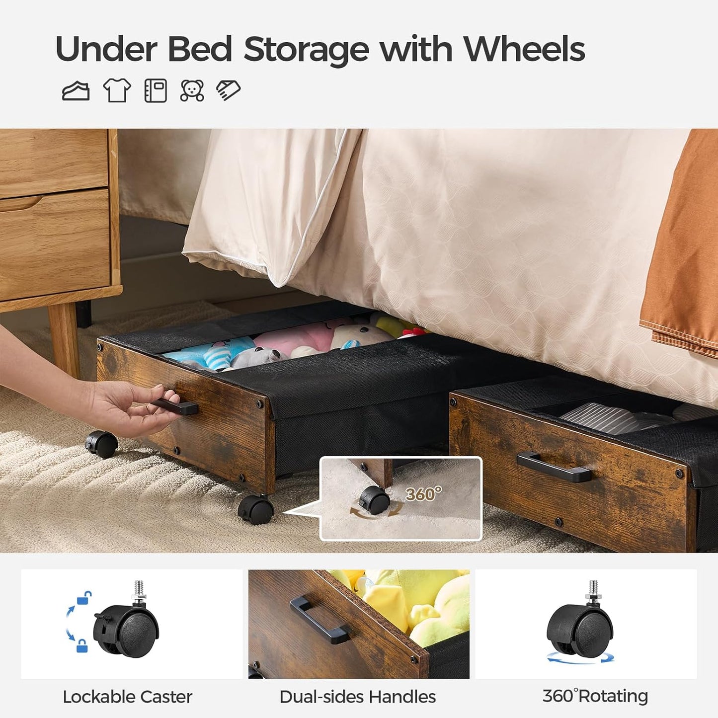 Under Bed Storage with Wheels, Under Bed Storage Containers, UnderBed Drawers with Metal Frame, for Clothes Shoes Blanket