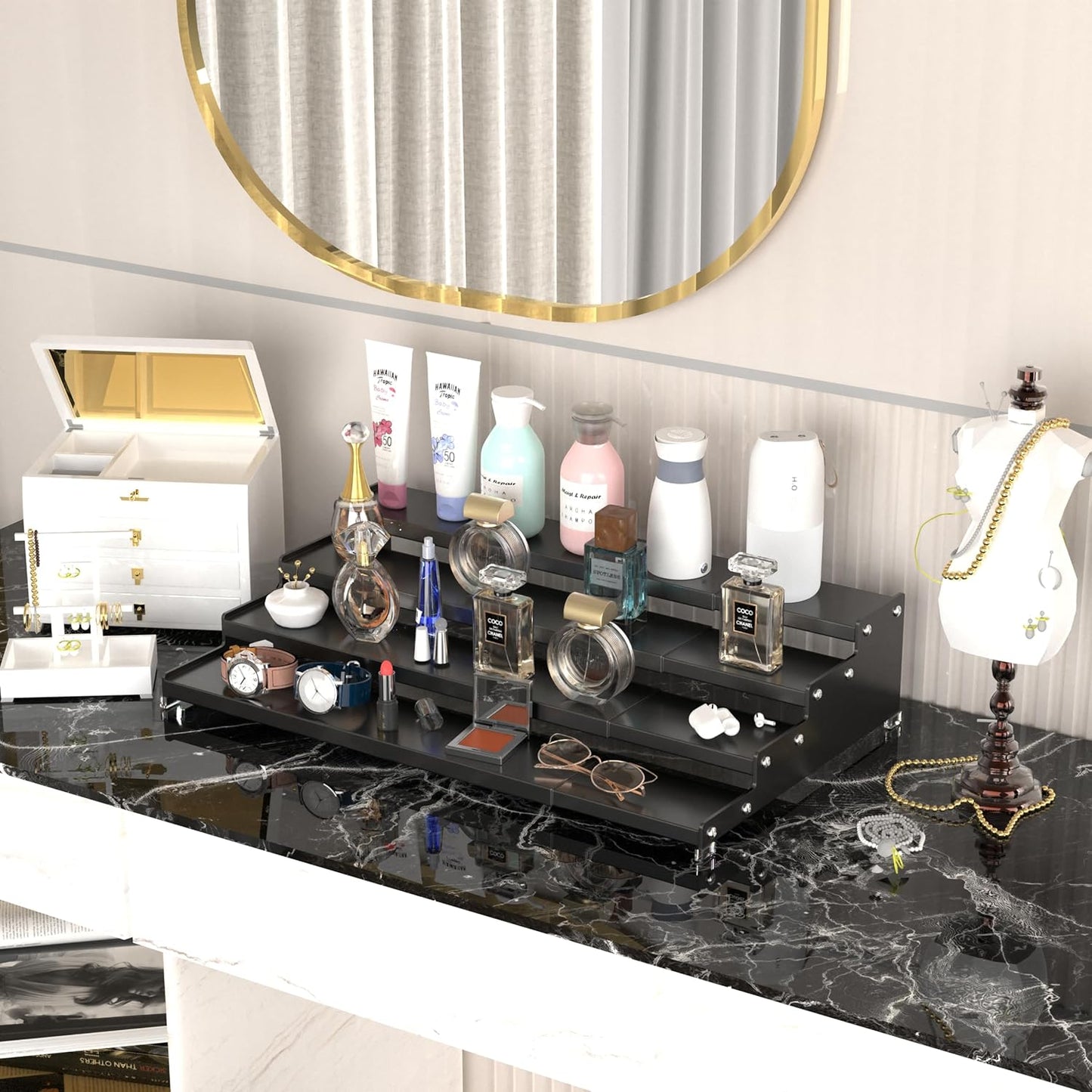 Expandable 4-Tier Step Spice Rack Organizer for Kitchen Cabinet Modern Design and Non Skid Space Saving Storage Shelf for Countertop Cabinets Pantry(1Pack/Black)