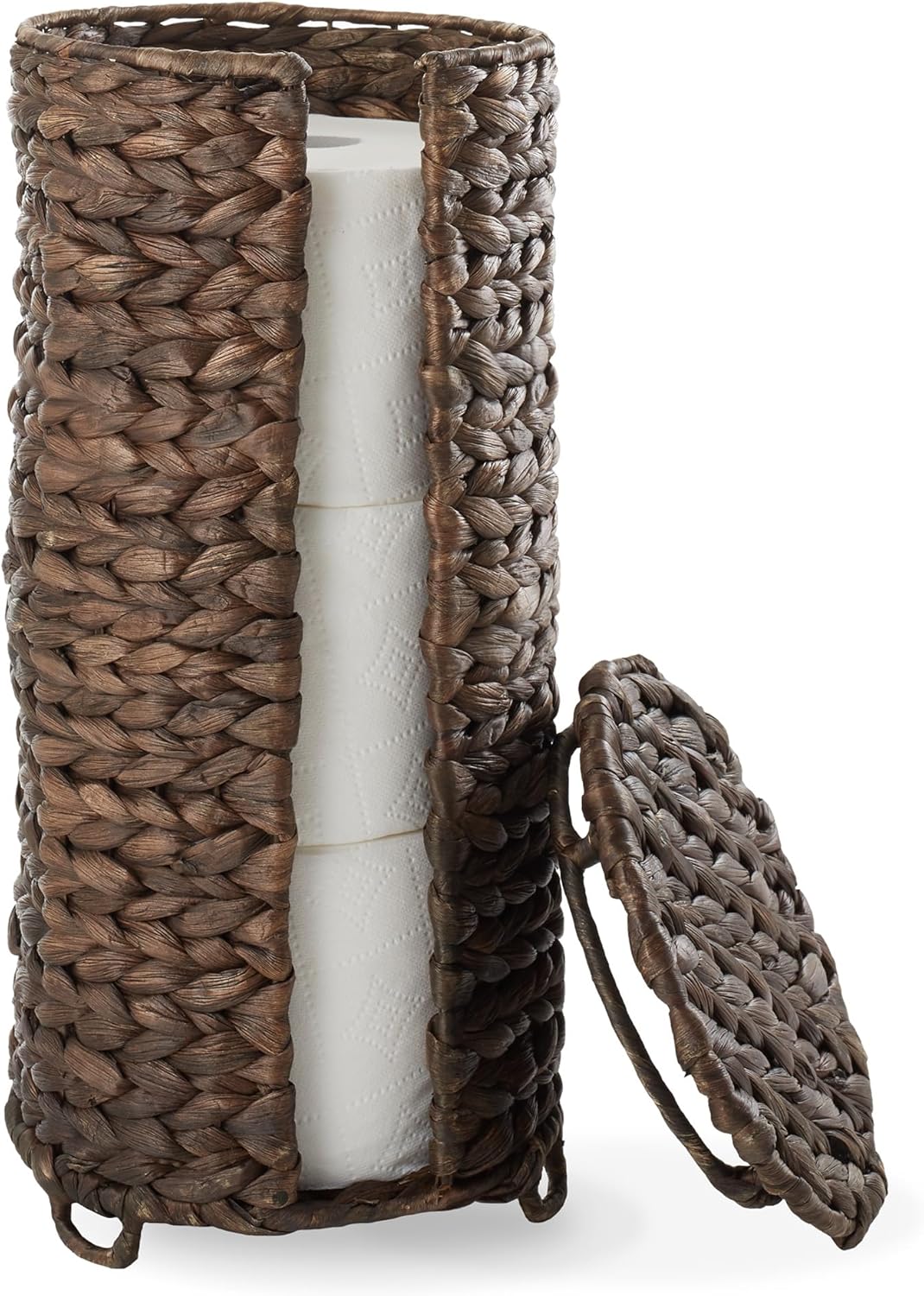 Casafield Free Standing Toilet Paper Storage Roll Holder with Lid - Espresso, Fits 3 Rolls, Water Hyacinth Bath Tissue Organizer for Bathroom