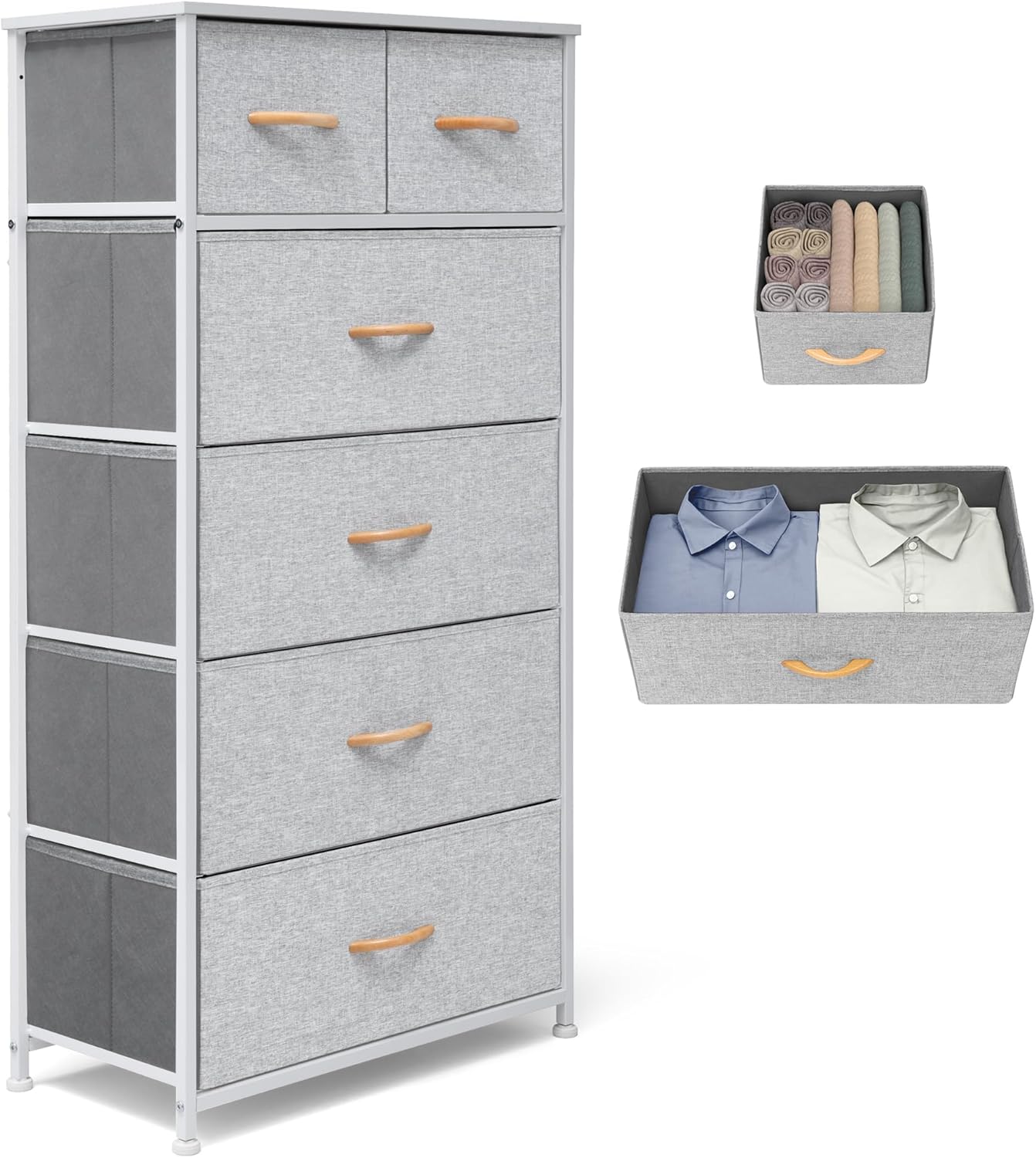 Fabric Dresser for Bedroom, Tall Skinny Dresser with 6 Drawers, Storage Organizer Tower, Steel Frame Wooden Top for Closet, Living Room, Hallway(Light Gray)