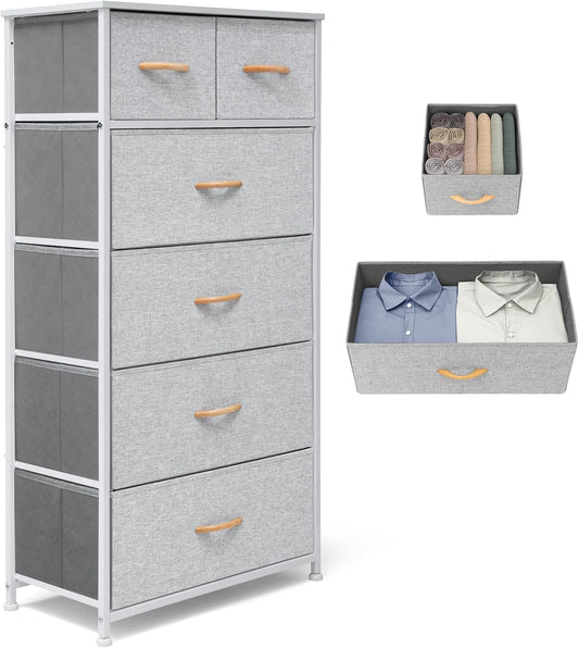 Fabric Dresser for Bedroom, Tall Skinny Dresser with 6 Drawers, Storage Organizer Tower, Steel Frame Wooden Top for Closet, Living Room, Hallway(Light Gray)