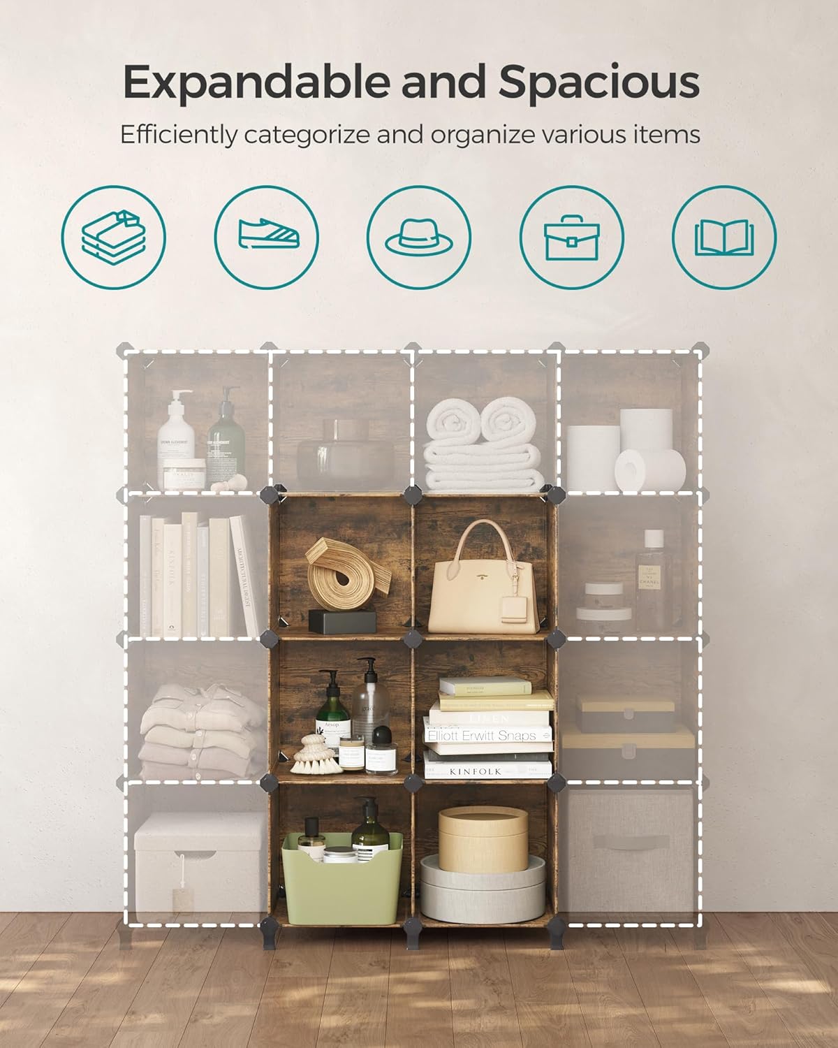 SONGMICS 6 Cube Storage Organizer, Modular Bookshelf, DIY Closet Organizers and Storage, Plastic Stackable Shelves, 11.8 x 11.8 x 11.8 Inch Cubes, with Feet and Rubber Mallet, Rustic Brown ULPC111A01