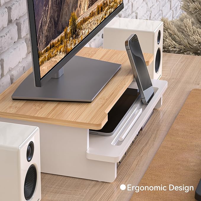 Monitor Stand Monitor Stand Riser for Desk,Wood Desk Shelf Storage Organizer with Phone Tablet Holder (16.5 Inch, White & Natural Bamboo)