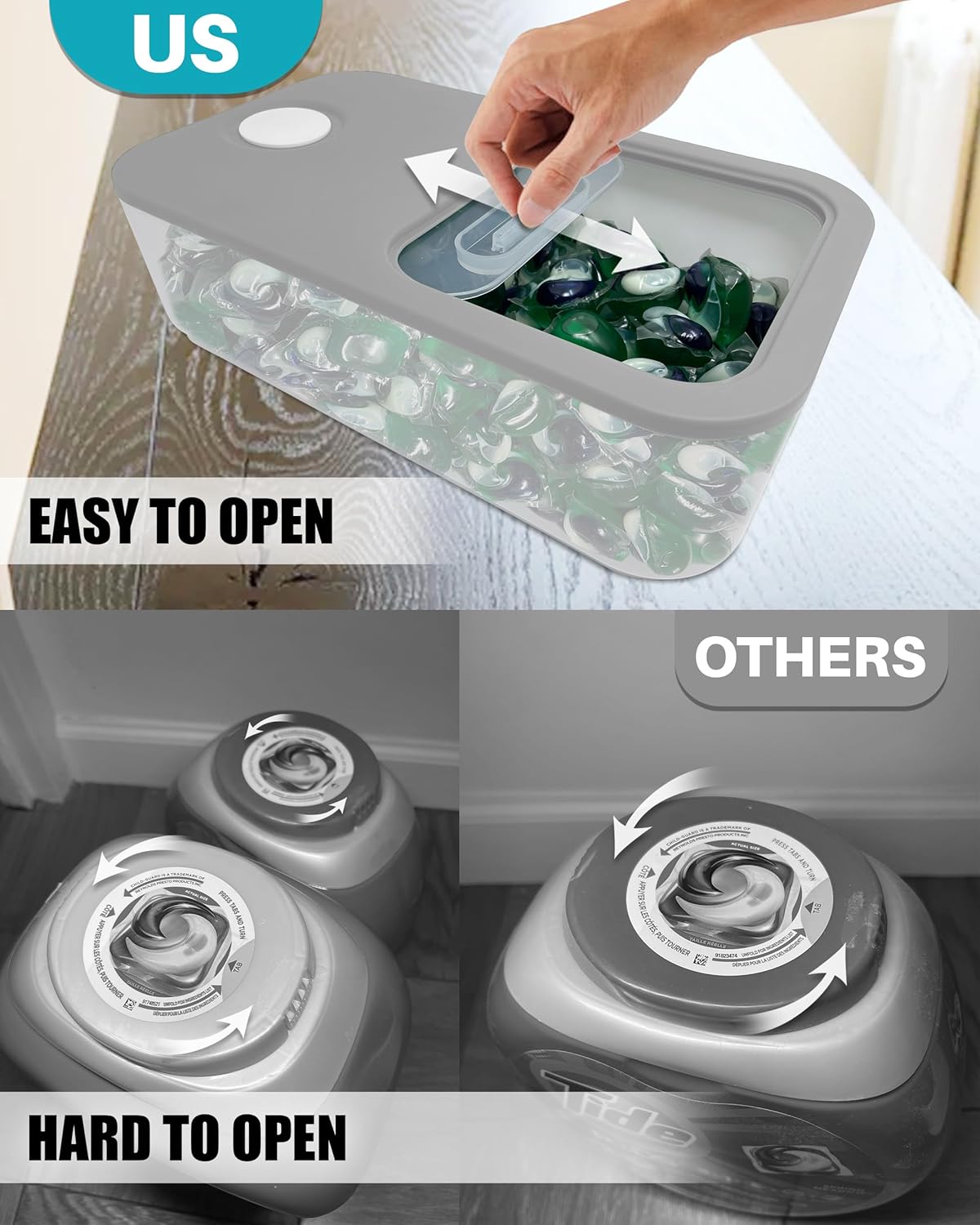 TidyFriend Laundry Pods Container with Slide Lid, 15"x8.7"x4.5", Airtight Storage Keeps Pods Fresh, Holds 9–10 lbs or 100–130 Pods, Laundry Detergent Container & Dishwasher Pod Holder (Clear & Grey)