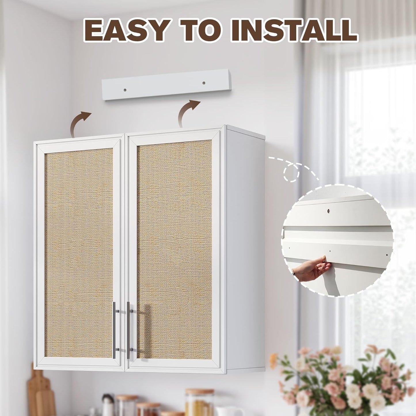 Rattan Wall Storage Cabinets - 30" Wide Large Wall Amount Laundry Room Cabinets with Adjustable Shelf for Kitchen,Bathroom