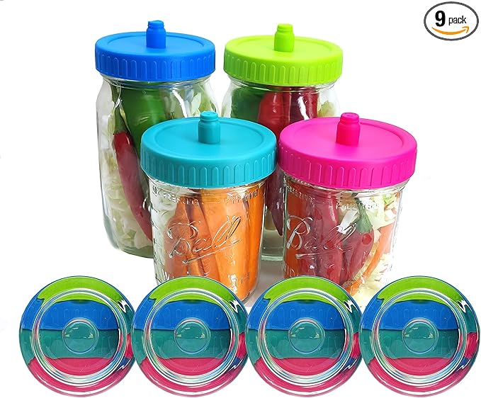 Mason Jar Fermentation kit for Wide mouth Mason Jar with 4 Glass Weight and 4 Fermenter Caps Pickle Pipes -Jars Not Included(Without pounder)