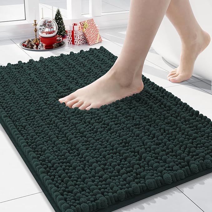 Arotive Luxury Chenille Bathroom Rug Mat, Extra Soft Thick Absorbent Shaggy Bath Rugs, Non-Slip Machine Wash Dry, Plush Bath Mats for Bathroom, Shower and Tub, 24x16, Dark Green