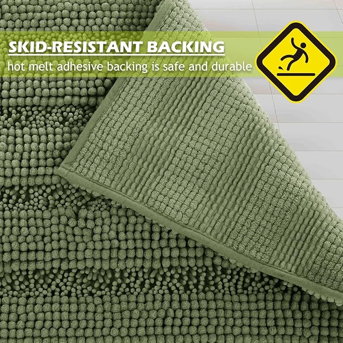 KGORGE Bath Mat for Bathroom Soft Non-Slip Rugs 60" x 24" Cozy Shaggy Durable Thick Chenille Rugs Water Absorbent Quick Drying Shower Carpet for Toilet, Sage Green, 1 Pc