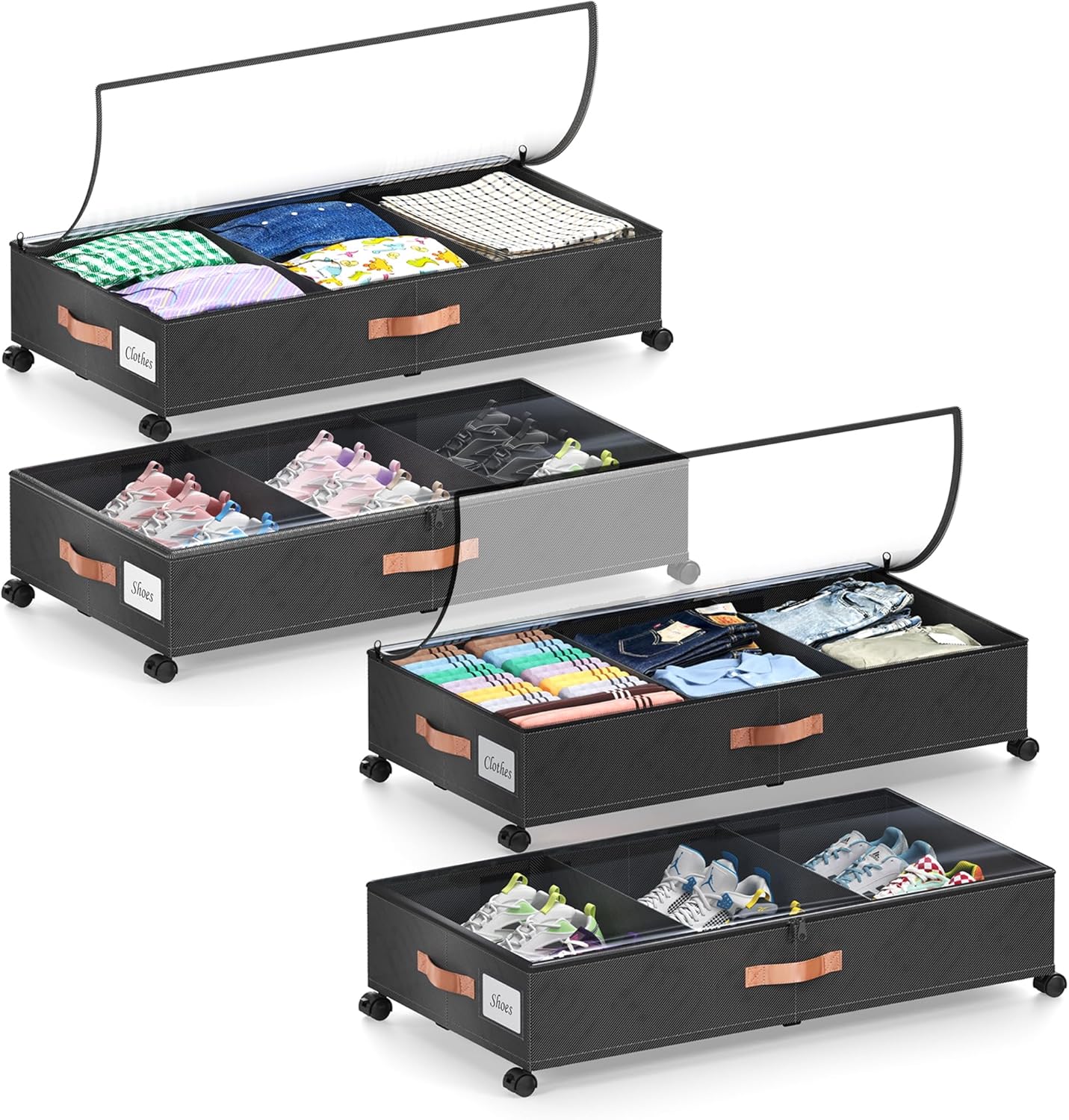 Under Bed Storage with Wheels, 4 Pack Under Bed Storage Container with Dividers & Clear Lids, Under the bed storage Organizer Bins,Underbed Storage with Wheels for Clothes,Toys,Shoes (Black)