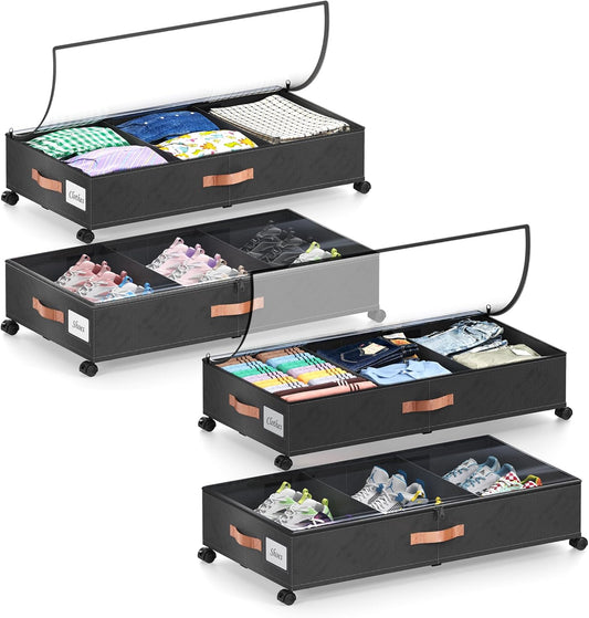 Under Bed Storage with Wheels, 4 Pack Under Bed Storage Container with Dividers & Clear Lids, Under the bed storage Organizer Bins,Underbed Storage with Wheels for Clothes,Toys,Shoes (Black)