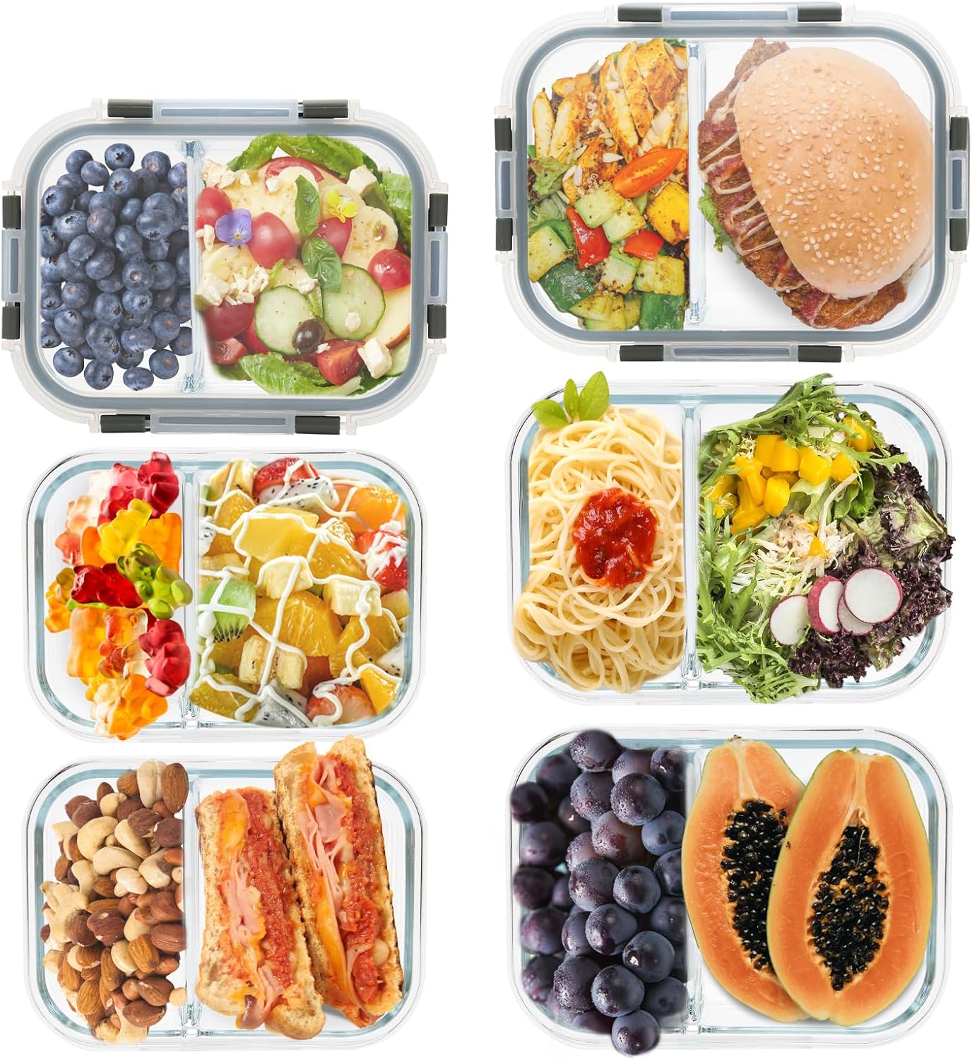 2 Compartment Glass Meal Prep Containers, 6 Pack Reusable Food Storage Containers with Lids, Lunch Containers for Adults, Portion Control, Airtight, Freezer to Microwave Safe(34oz+22oz)