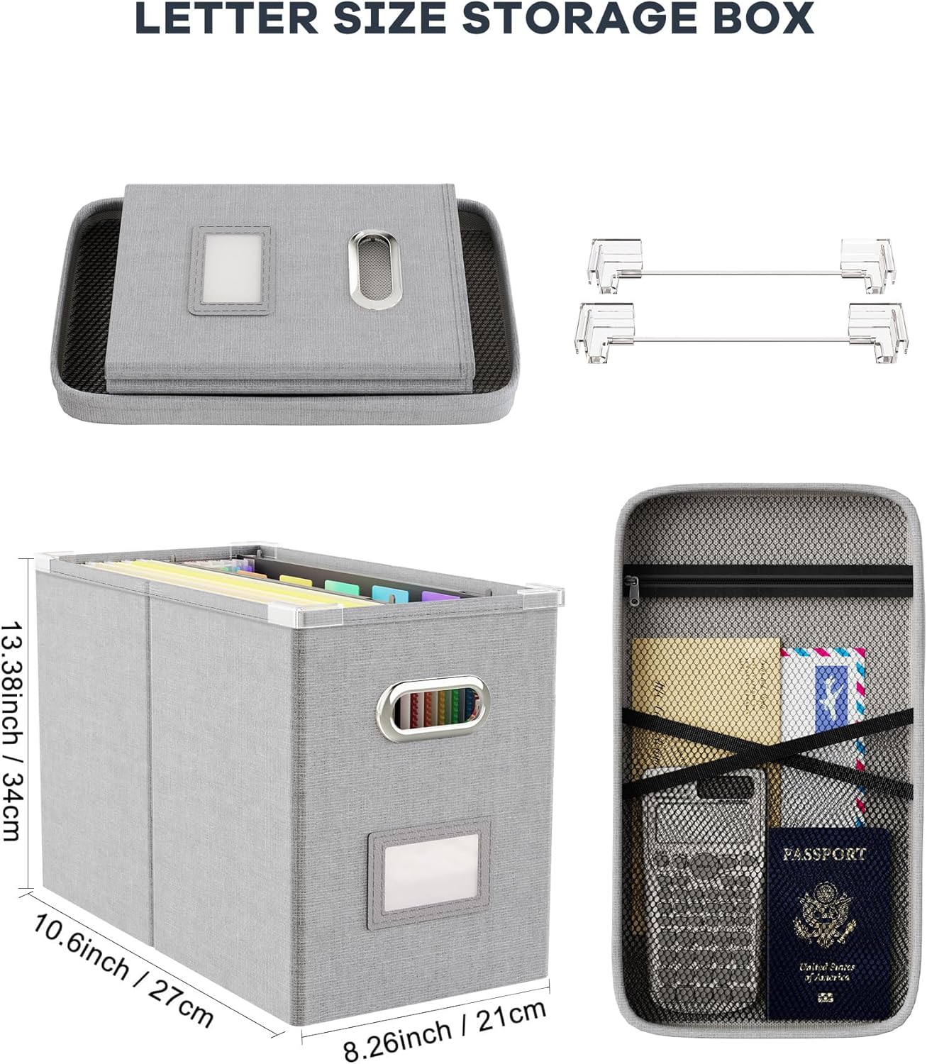 Oterri File Organizer Box with Lid, Hanging Filing File Box with Mesh Pocket, Document Organizer Box for Letter Files, Portable Storage Box with Smooth Sliding Rail for Office&Home (2 PCS, Light grey)