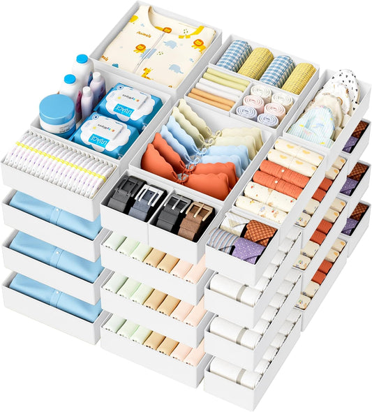 DIMJ Drawer Organizer Clothes 20 Pack - Foldable Baby Organizers and Storage & Dresser Organizer for Bedroom, Closet - Nursery Organization Dresser Dividers for underwear, Sock,Bra, Belt, Tie, White