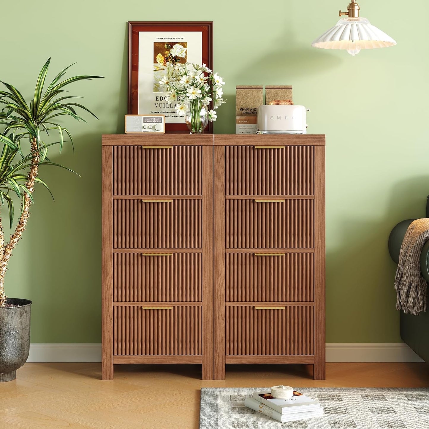 Mid-Century Fluted 8 Drawers Dresser, Modern Wooden Tall Dresser with Smooth Metal Handles, Storage Chest Clothes Organizer for Bedroom, Entryway & Office, Walnut X2