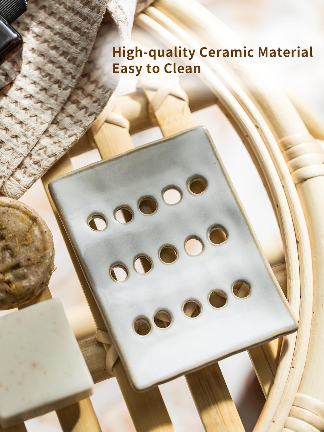 Soap Dish with Self Drain, Bar Soap Holder for Bathroom and Kitchen Sink, Rectangular Soap Dishes for Shower Ceramic Soap Saver, Japanese Soap Tray, White