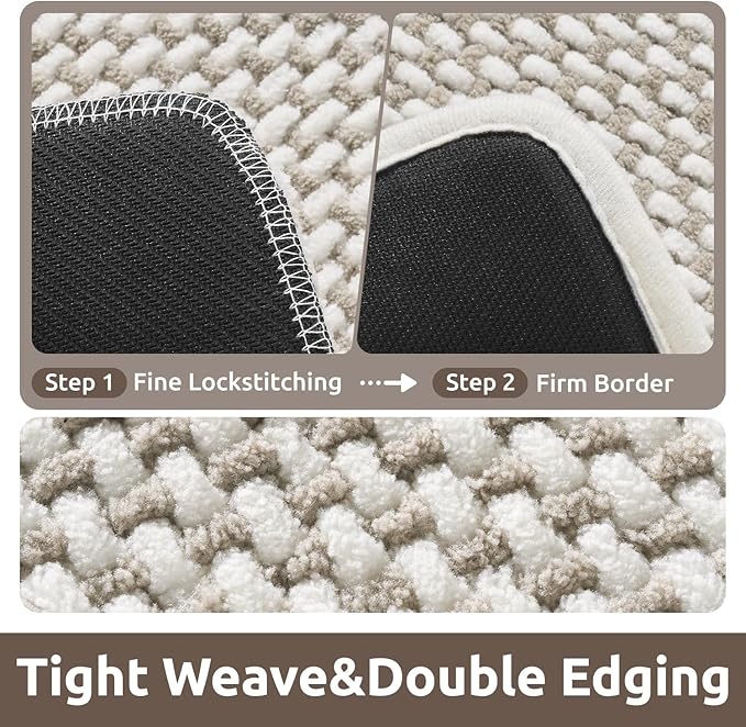 AMOAMI Chenille Bath Mat Super Absorbent Bathroom Mat Quick Dry Bath Mats for Bathroom Rubber Backed Bathroom Rugs Non Slip Washable Fit Under Door, Front of Bathtub, Sink, Beige&White 20"x32"