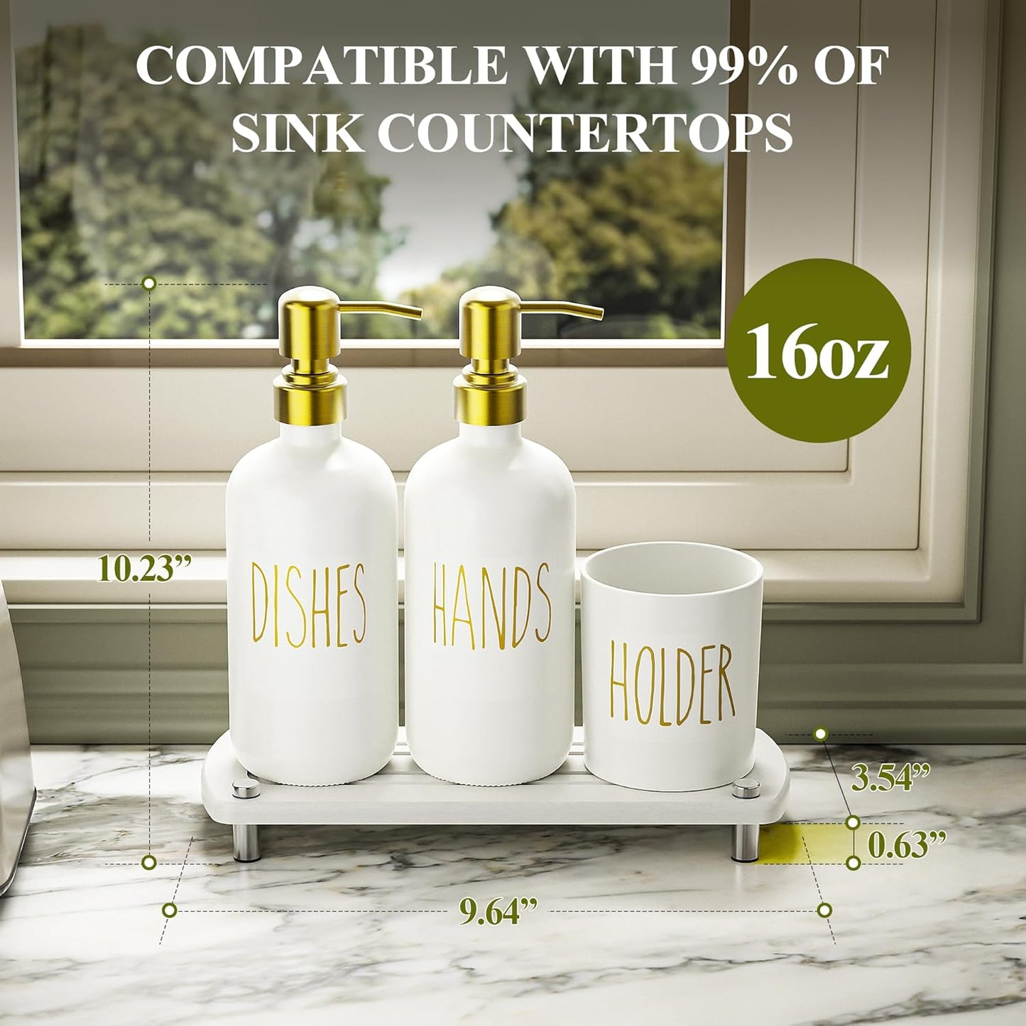 Cisily Gold Kitchen Soap Dispenser Set with Dish Brush Holder, Dish and Hand Soap Dispenser Set with Stainless Steel Pumps, Instant Dry Tray, Suitable for Kitchen Decor and Accessories(Gold&White)