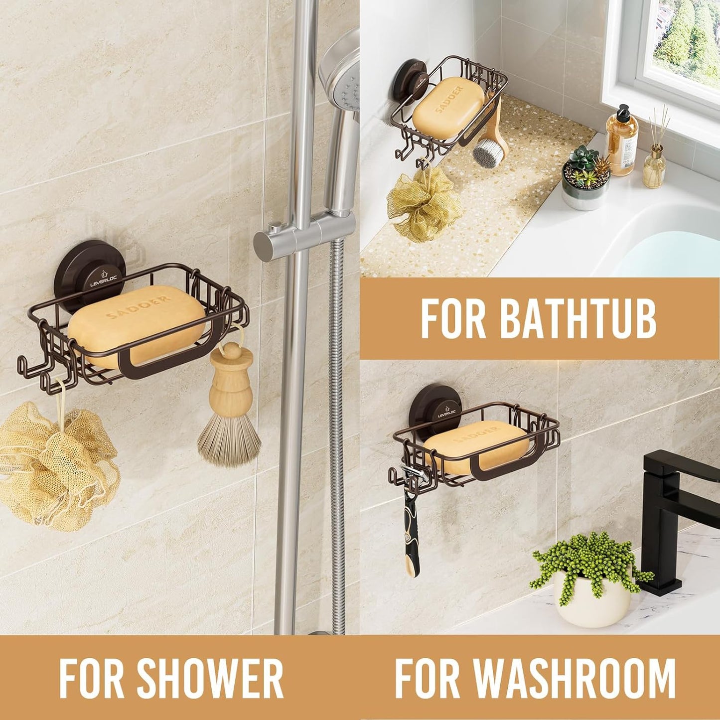LEVERLOC Soap Holder Dish with Hooks for Shower, Bar Suction Cup Soap Tray Wall Mounted, Rustproof Stainless Steel Sponge Holder Caddy for Bathroom Bathtub Kitchen Sink, Brown