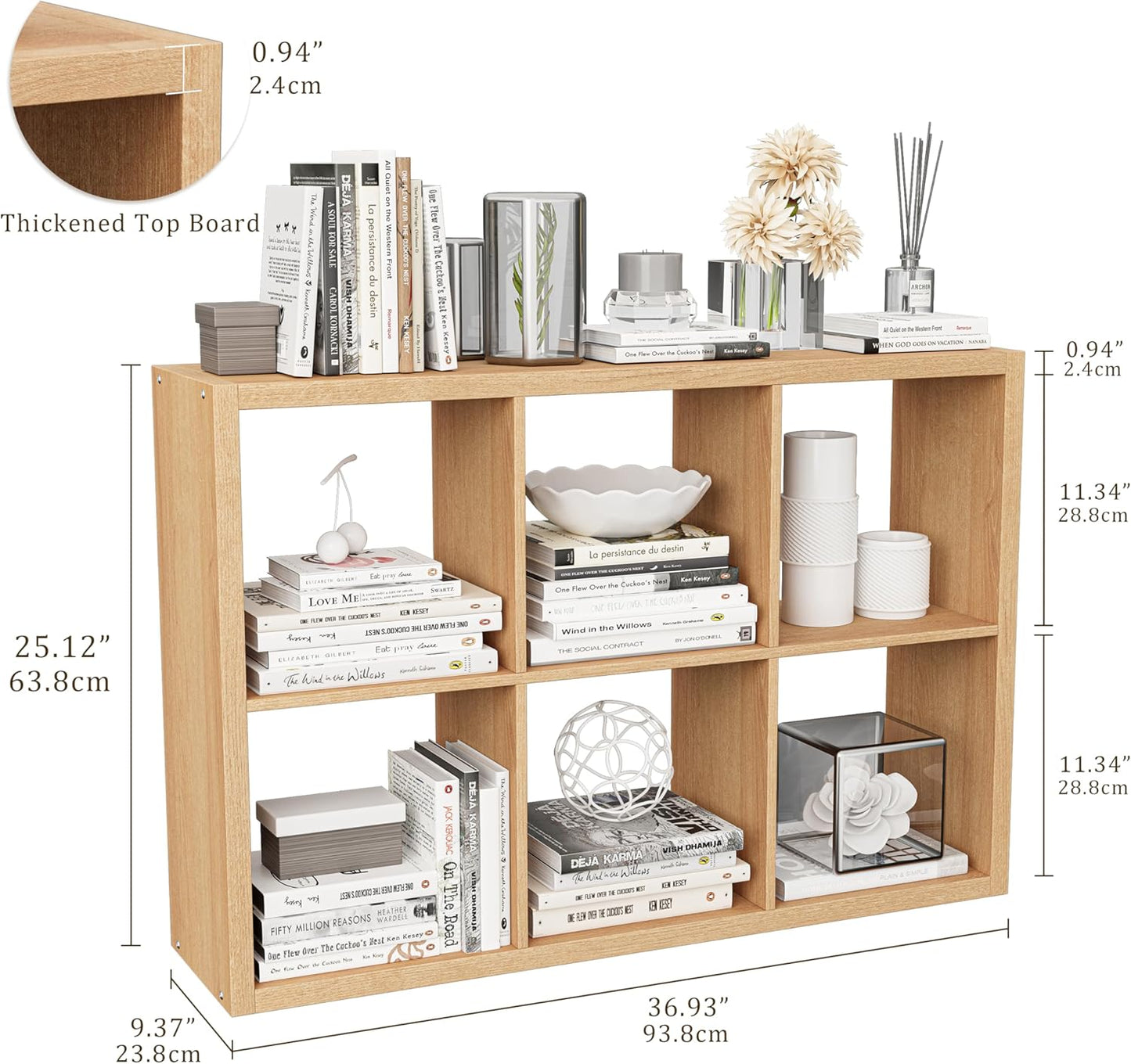 Cube Storage Organizer Bookcase, Decorative 11 inch Open Back Cubical Shelf with Thickened Border, Display Bookshelf for Living Room, Home Office, Sturdy Room (Natural Oak, 6 Cube)