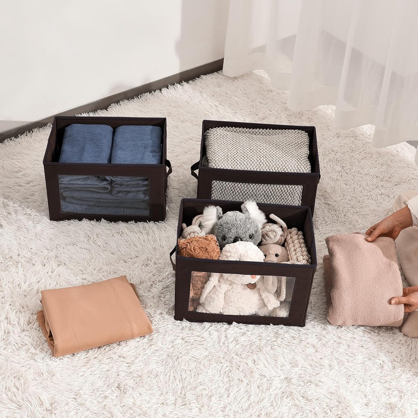 Collapsible Storage Bins with Clear Window - Clothes Organizers and Storage, Decorative Boxes with Lid, Fabric Storage Cube, Storage Baskets for shelves, Yarn, Home, Brown, 4-Pack