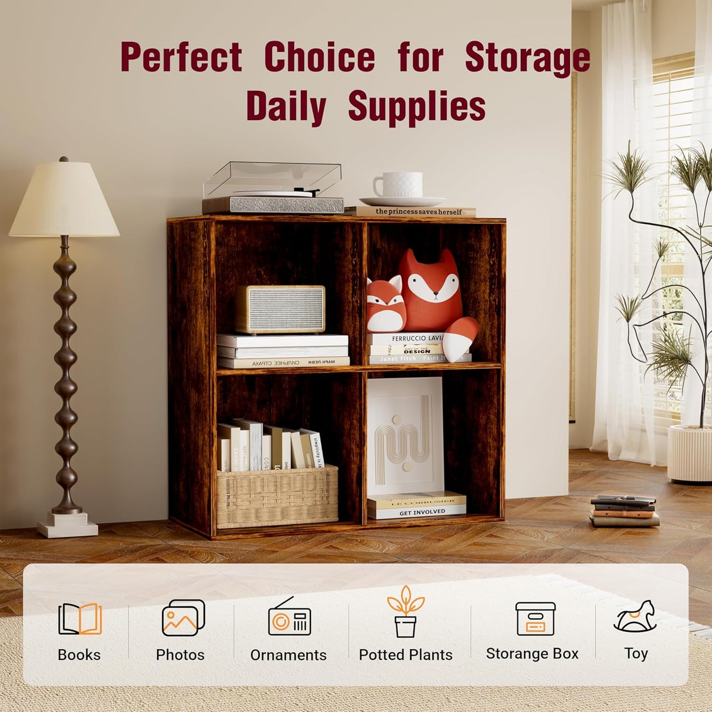 Book Shelf, Wooden Cube Storage Organizer with 11" Open Cubes, Stackable Bookcase for Room Divider Storage, Bookshelf for Living Room, Bedroom, Office (Indonesian Antique Oak, 4-Cube)