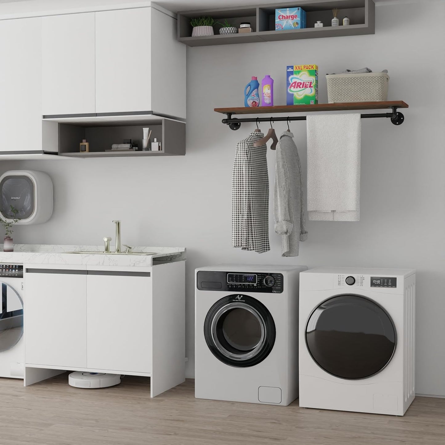 Clothes Rack 48in, Wall Mounted Garment Rack with Real Wood Shelf, Heavy Duty Hanging Clothes Rack, Multi-Purpose Hanging Rod, Space-Saving Closet Storage