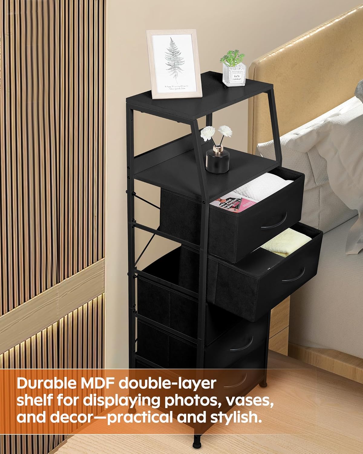 Dresser for Bedroom, Fabric Nightstand Tall Dresser & Chests of Drawers with 5 Drawers, Vertical Organizer Storage, Hallway, Entryway Black