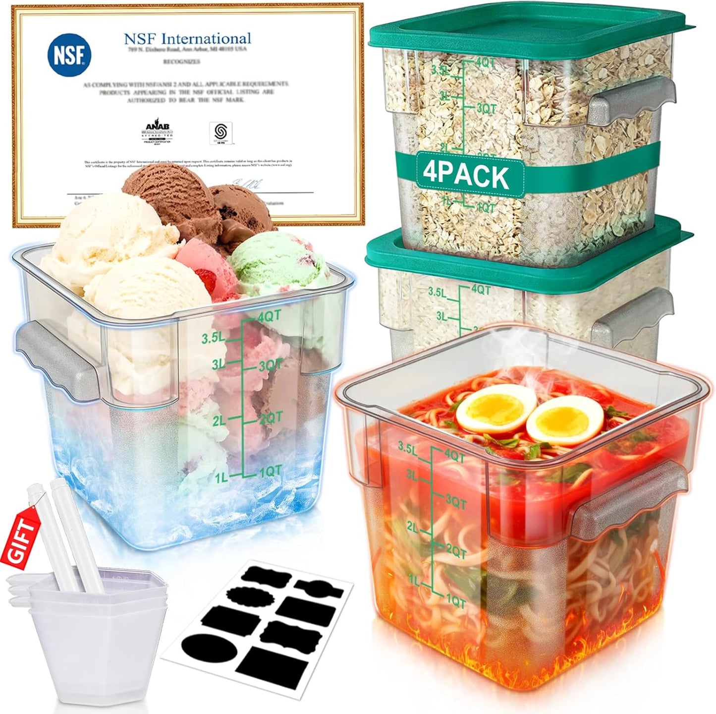 4QT NSF Food Storage Containers with Lids: 4 PCS [Total Food Grade][Hot&Cold Resistant] Commercial Clear Food Storage Containers for Restaurant Kitchen Proof Dough, Measuring Spoons Included(Green)