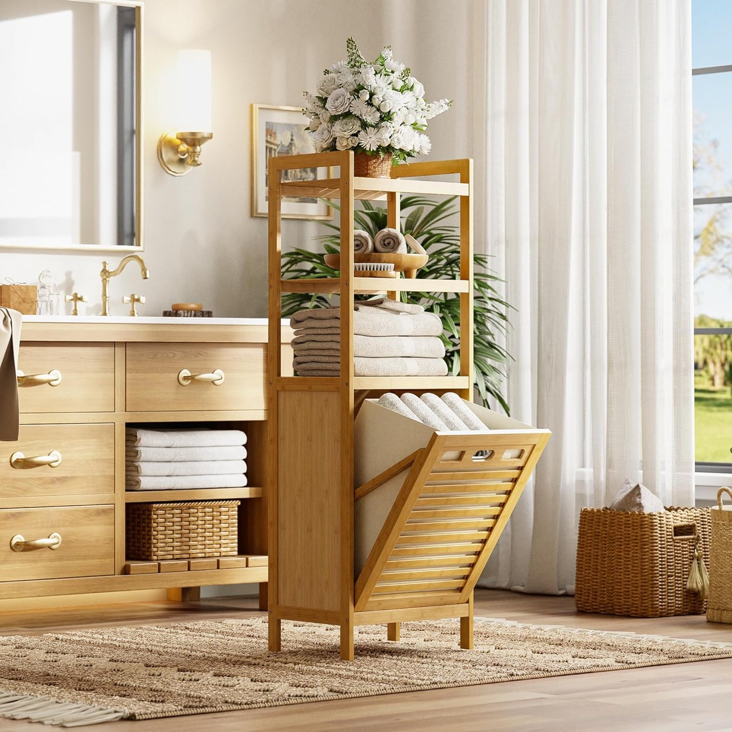 HITNET Tilt Out Laundry Hamper, Bamboo Laundry Basket with Foldable Bag and 3 Open Shelves, Freestanding Clothes Storage Organizer for Bedroom, Bathroom, Living Room, Natural