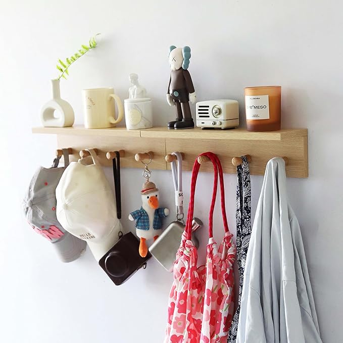 Entryway Coat Rack Hooks with Shelf, Sturdy Wooden Floating WallOrganizer Shelf with 4 Hooks siutable for Entrance, Mudroom, Kitchen, Bathroom,.etc(2pc-Oak Finish)