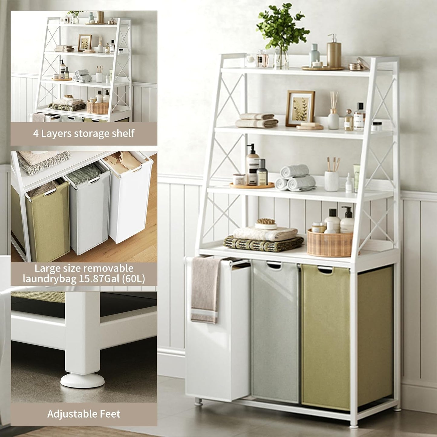 Laundry Basket, 3 Section Laundry Hamper with 4 Tiers Shelf, Pull-Out and Removable Laundry Bags, Large 3 x 15.87 Gallons, 3 Color Bags for Laundry Room Bathroom White PF05XLE